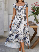 Devine Smocked Printed Short Sleeve Maxi Dress White OutfitFlow